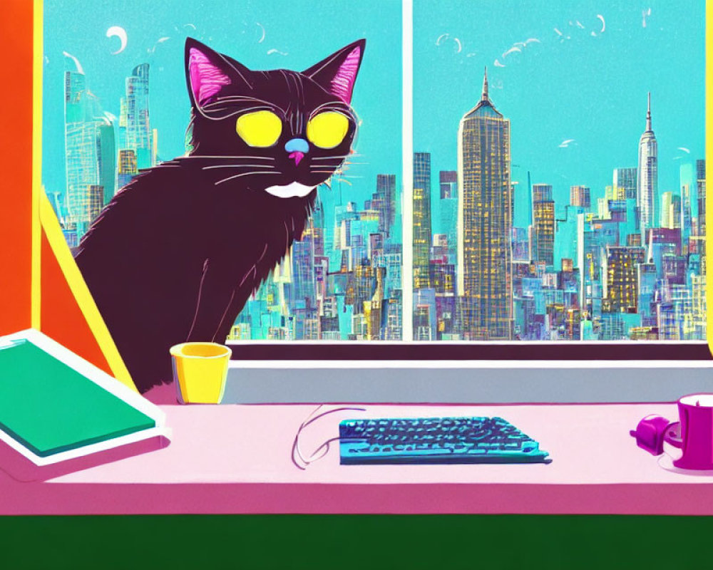 Stylized black cat with yellow glasses by cityscape view, keyboard, and cup