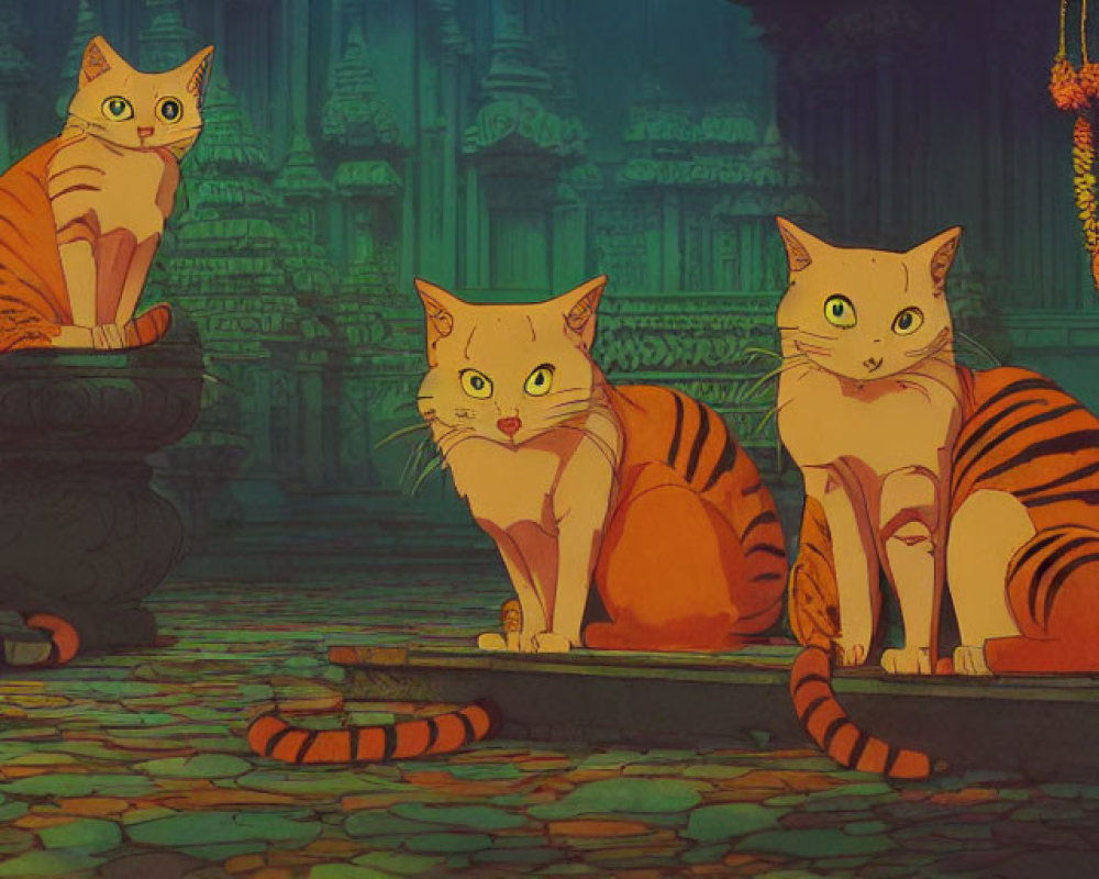 Four animated orange-striped cats in front of mystical ancient temple illuminated by green light