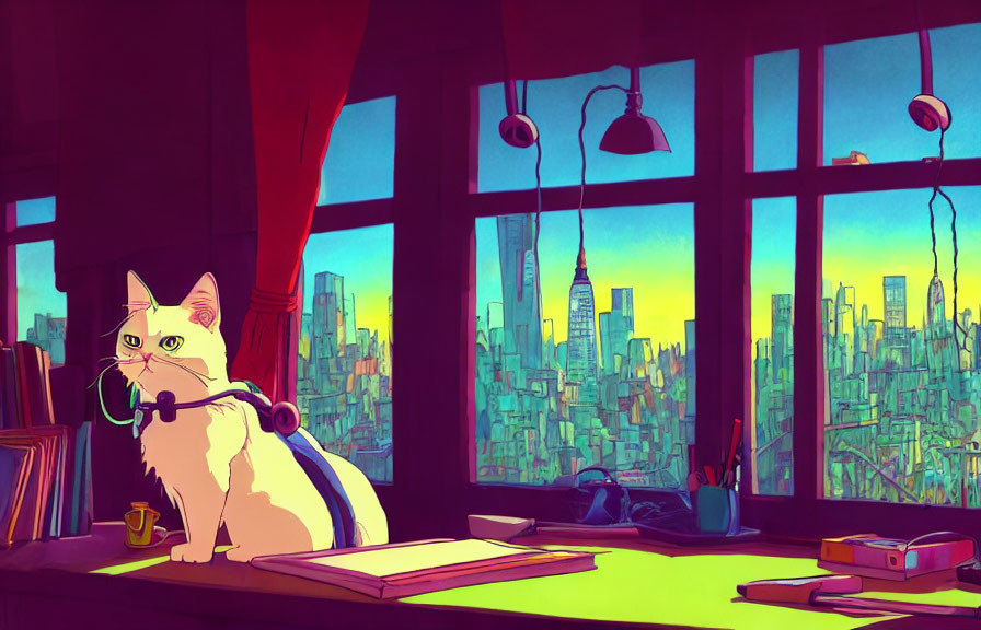 White Cat with Green Eyes Wearing Headphones on Desk Overlooking Cityscape at Sunset