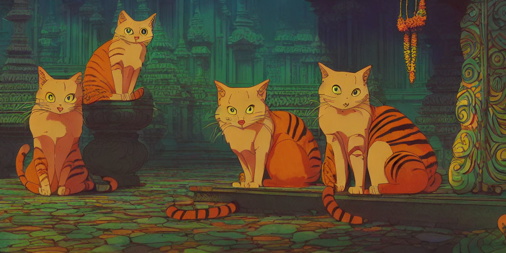 Four animated orange-striped cats in front of mystical ancient temple illuminated by green light