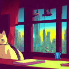 White Cat with Green Eyes Wearing Headphones on Desk Overlooking Cityscape at Sunset