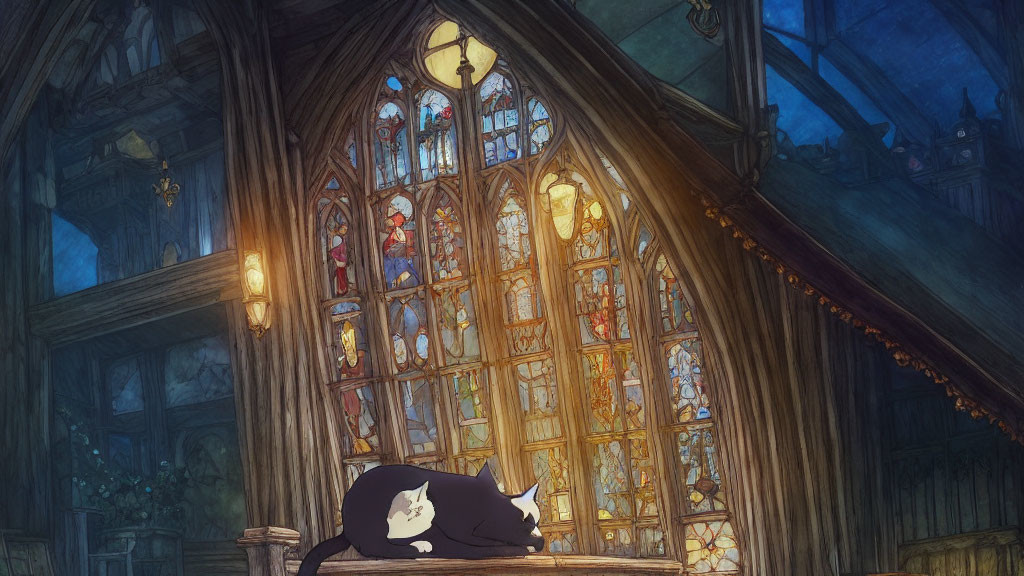 Illustrated black cat sleeping on wooden ledge in dimly lit room with stained glass window