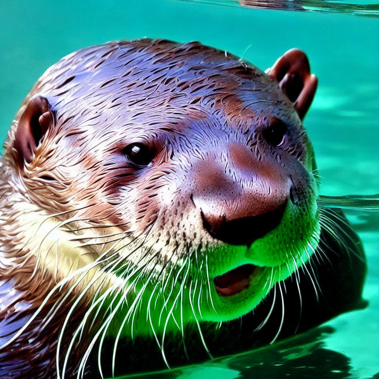 Playful otter in clear green water with whiskery face.