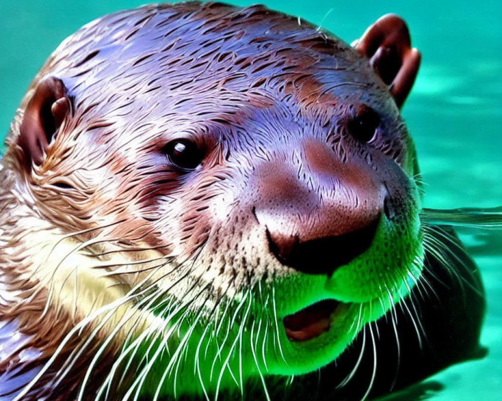 Playful otter in clear green water with whiskery face.