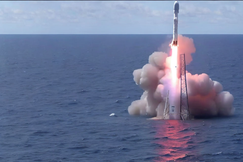 Rocket Launches from Sea Platform Amid Cloudy Sky