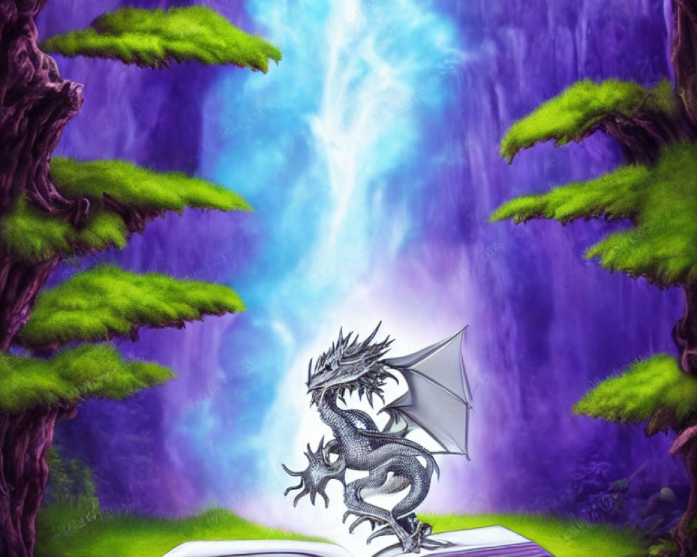 Dragon emerging from open book against waterfall backdrop in mystical scene