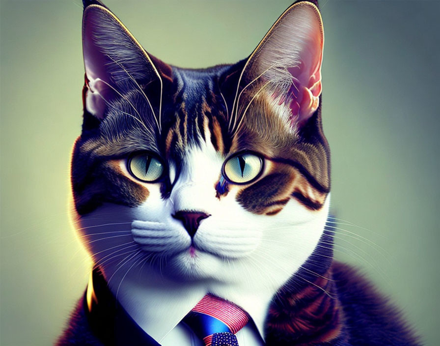 Digital artwork: Cat with human-like features in tie on soft-focus background