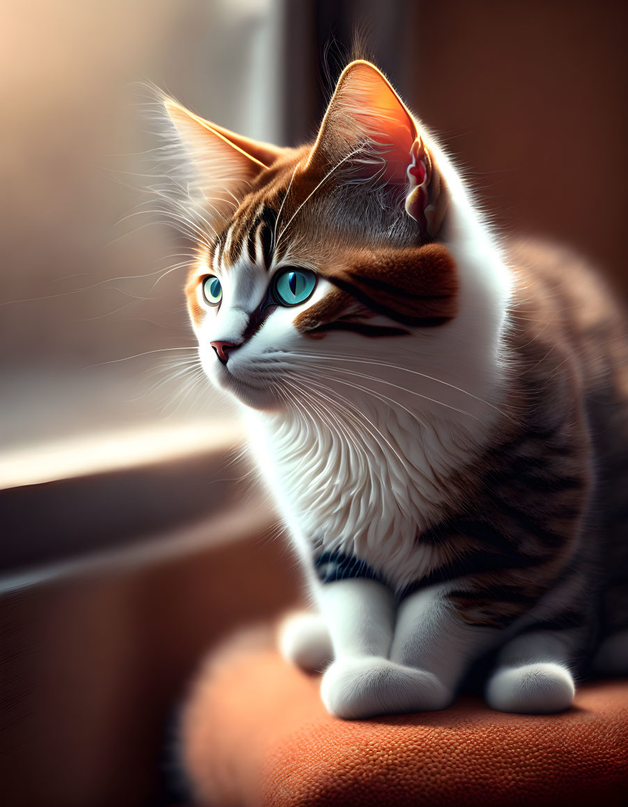 Striped domestic cat with green eyes sitting by sunlit window