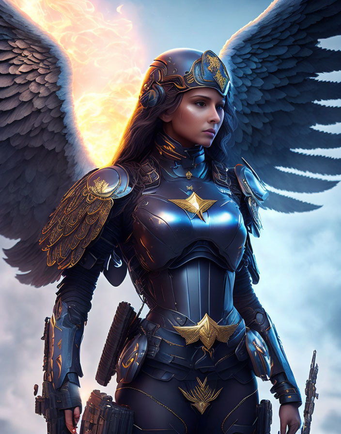 Female warrior with angelic wings in blue and gold armor against dramatic sky.