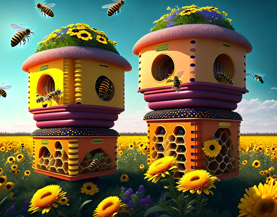 Whimsical beehive houses in vibrant sunflower field with bees and honeycomb patterns