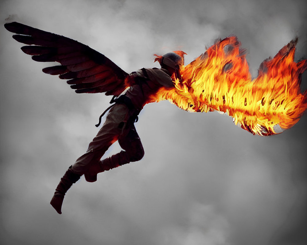 Mythological phoenix with wings and fiery tail against cloudy sky