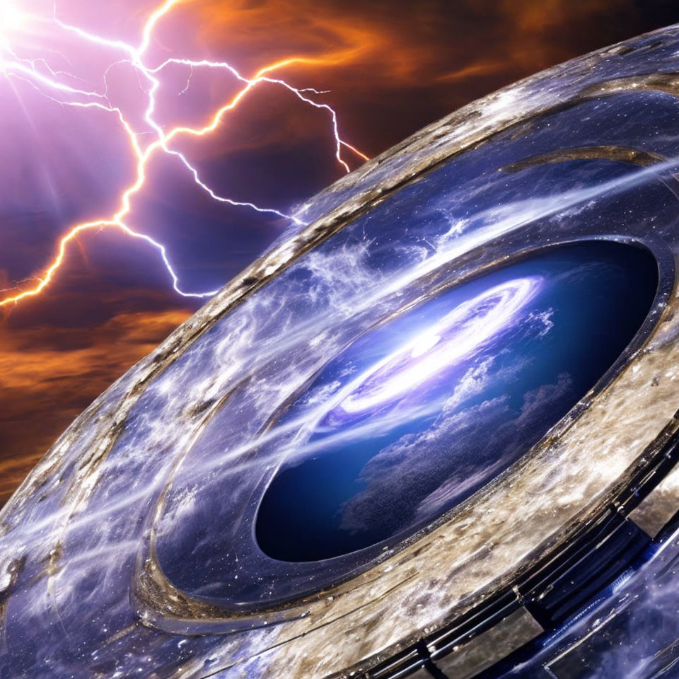 Futuristic ring-shaped structure in stormy sci-fi scene