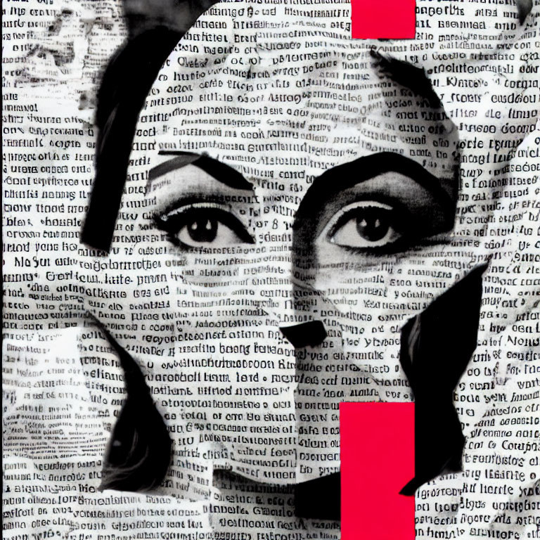 Monochrome woman's eyes and hair collage with red accent and text.