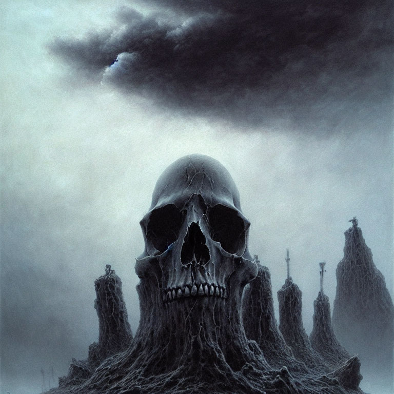 Surrealist artwork: Giant skull in desolate landscape with dark clouds and cross-topped spires