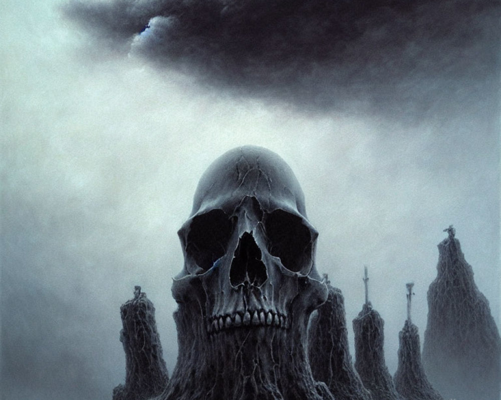 Surrealist artwork: Giant skull in desolate landscape with dark clouds and cross-topped spires