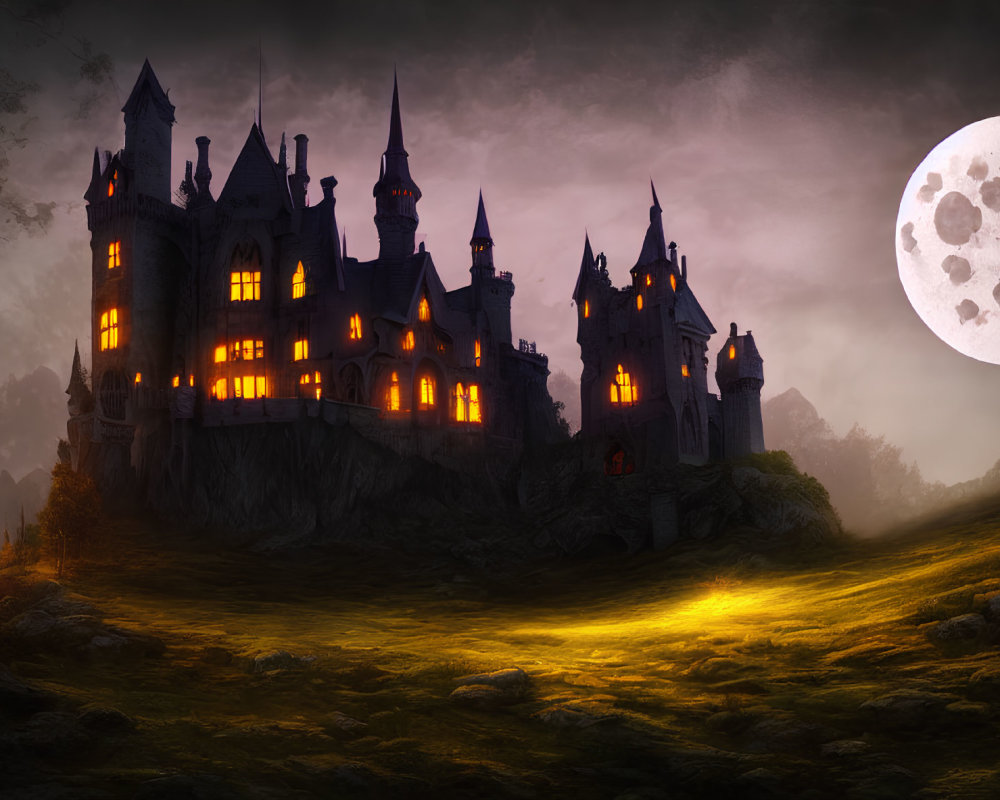 Gothic castle on hill with lit windows under moonlit sky in mist