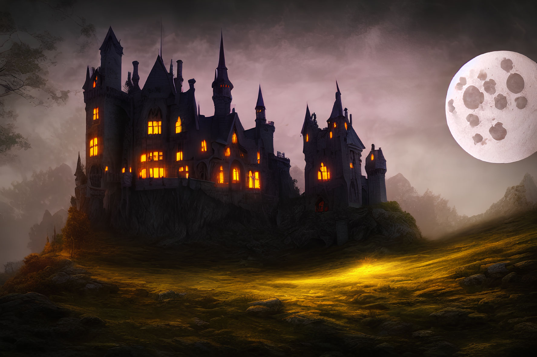 Gothic castle on hill with lit windows under moonlit sky in mist