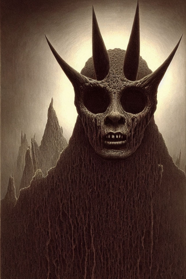 Monstrous Horned Face Illustration in Dark Landscape