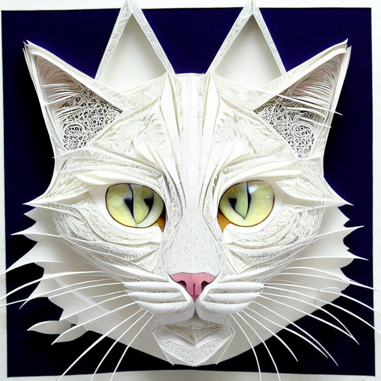 Intricate paper cut-out of a cat's face with yellow-green eyes on dark backdrop