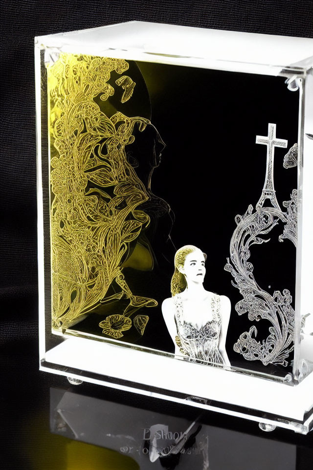 3D Laser-Engraved Crystal Artwork of Woman's Profile with Cross on Black Background