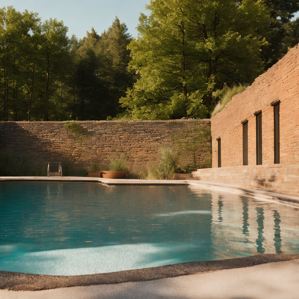 Tranquil outdoor pool with clear water and forest reflections