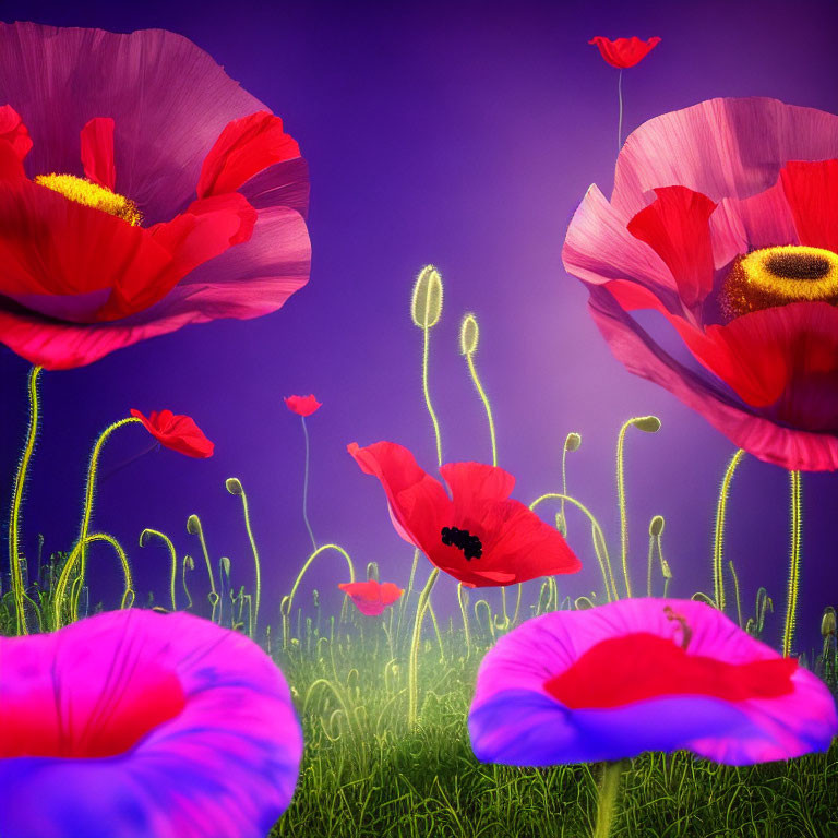 Colorful digital artwork featuring red and purple poppies on a surreal purple background with green grass and buds