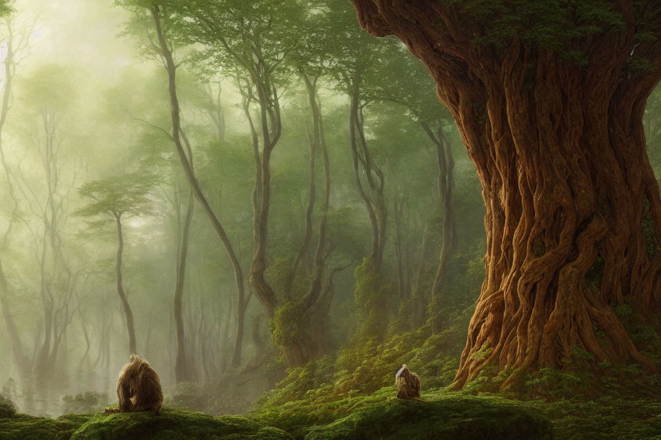 Misty forest with moss-covered trees and bears in lush greenery