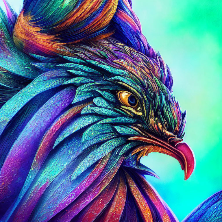 Colorful Rooster Illustration with Iridescent Feathers and Intense Gaze