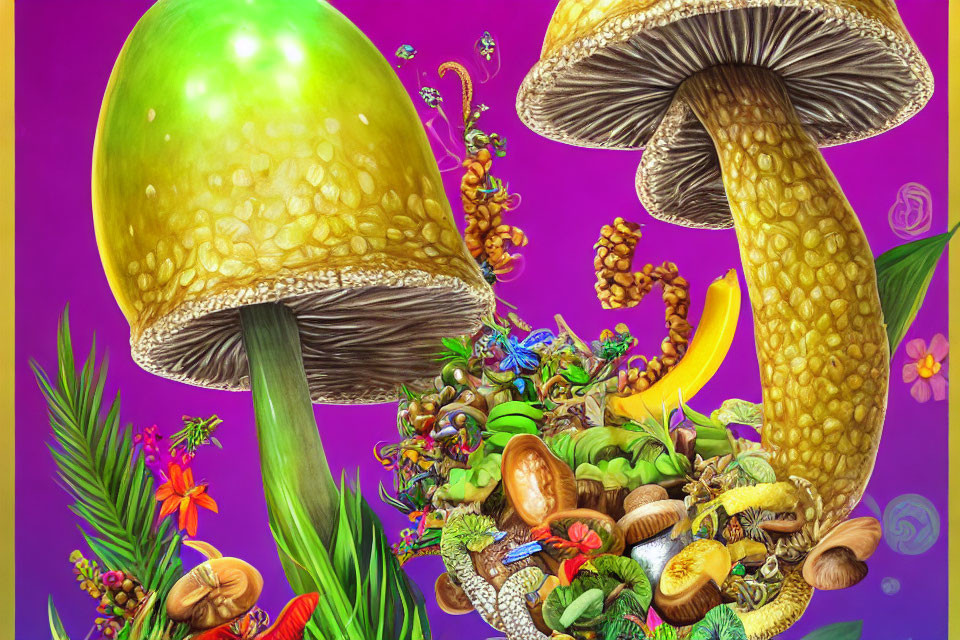 Colorful oversized mushrooms with fruits, flowers, and foliage in vibrant illustration