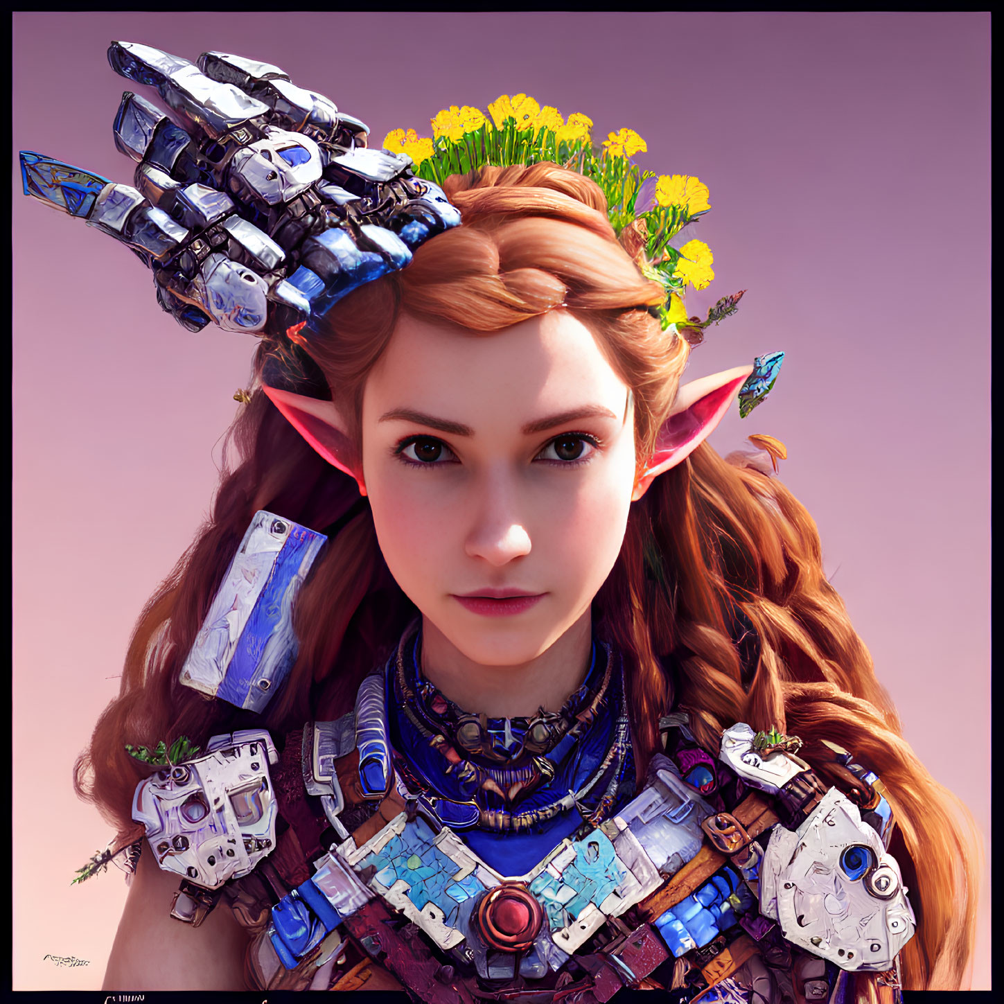 Female elf in futuristic armor with yellow flower wreath on pink background