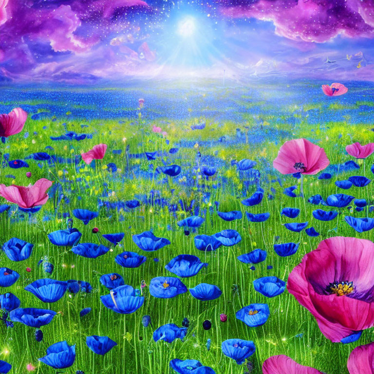 Colorful field of red and blue flowers under starry sky with butterflies and bright light horizon