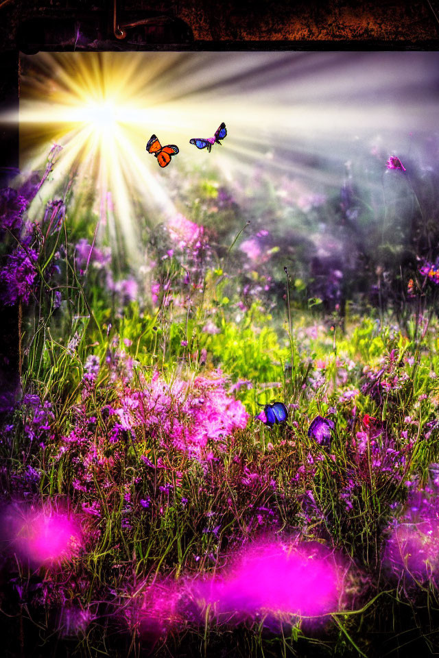 Vivid purple flowers with butterflies in sunlight