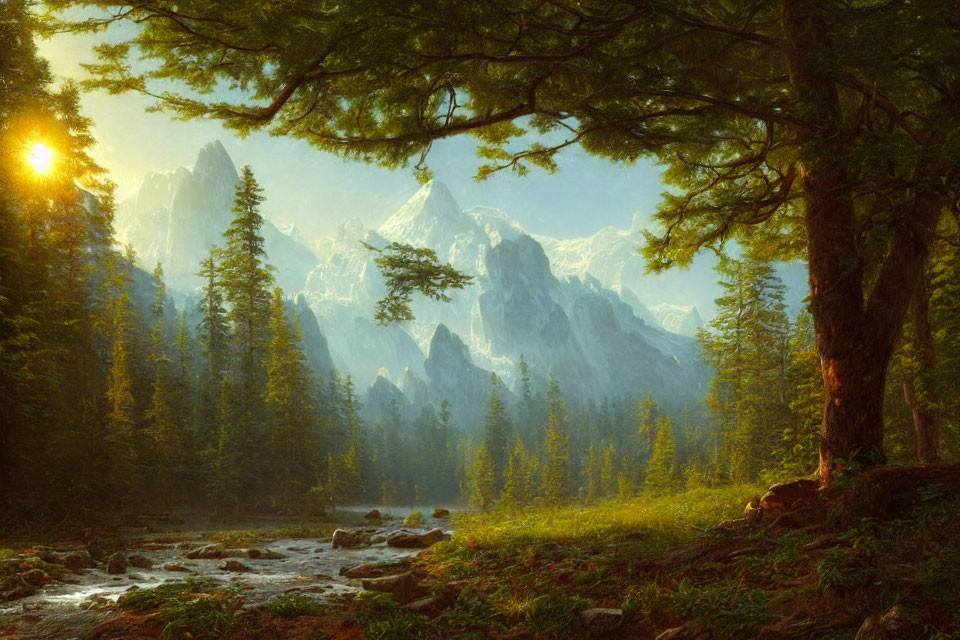 Serene forest scene at sunrise with babbling brook & snow-capped mountains