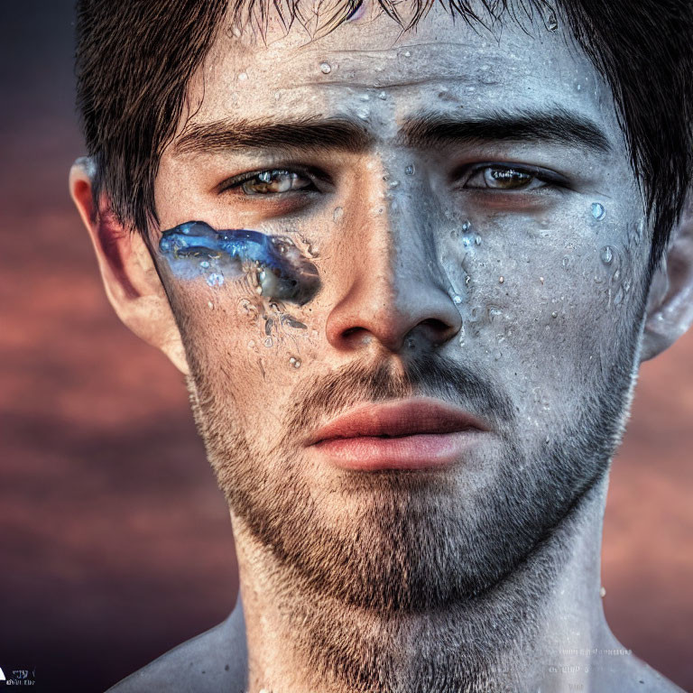 Detailed Close-Up of Man with Water Streaming Down Face