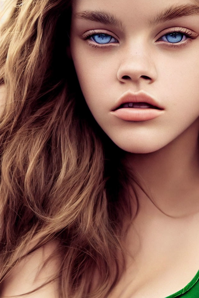 Detailed Close-Up of Person with Wavy Brown Hair and Blue Eyes in Green Garment