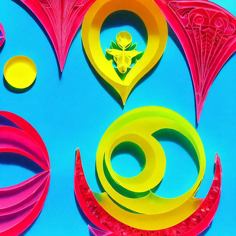 Colorful Paper Art with Intricate Cut-Outs and Swirls on Blue Background