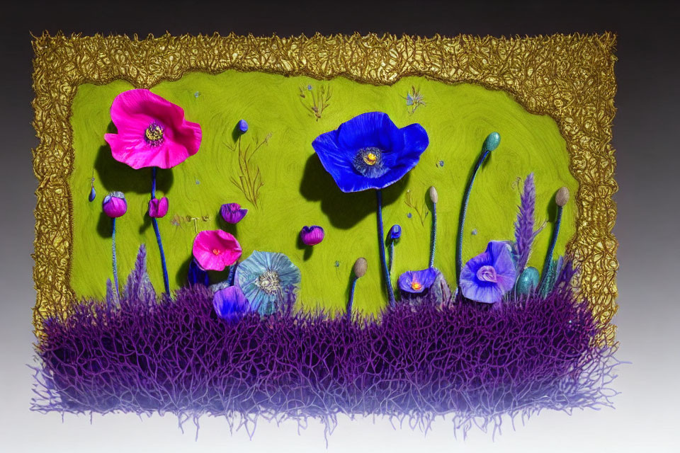 Colorful Textile Art with Green, Blue, Pink Flowers, Purple Texture, and Gold Frame