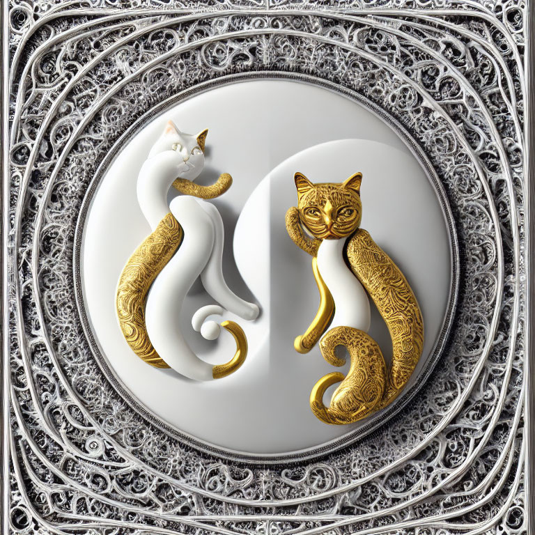 Stylized white and gold cats in yin-yang symbol with silver floral frame