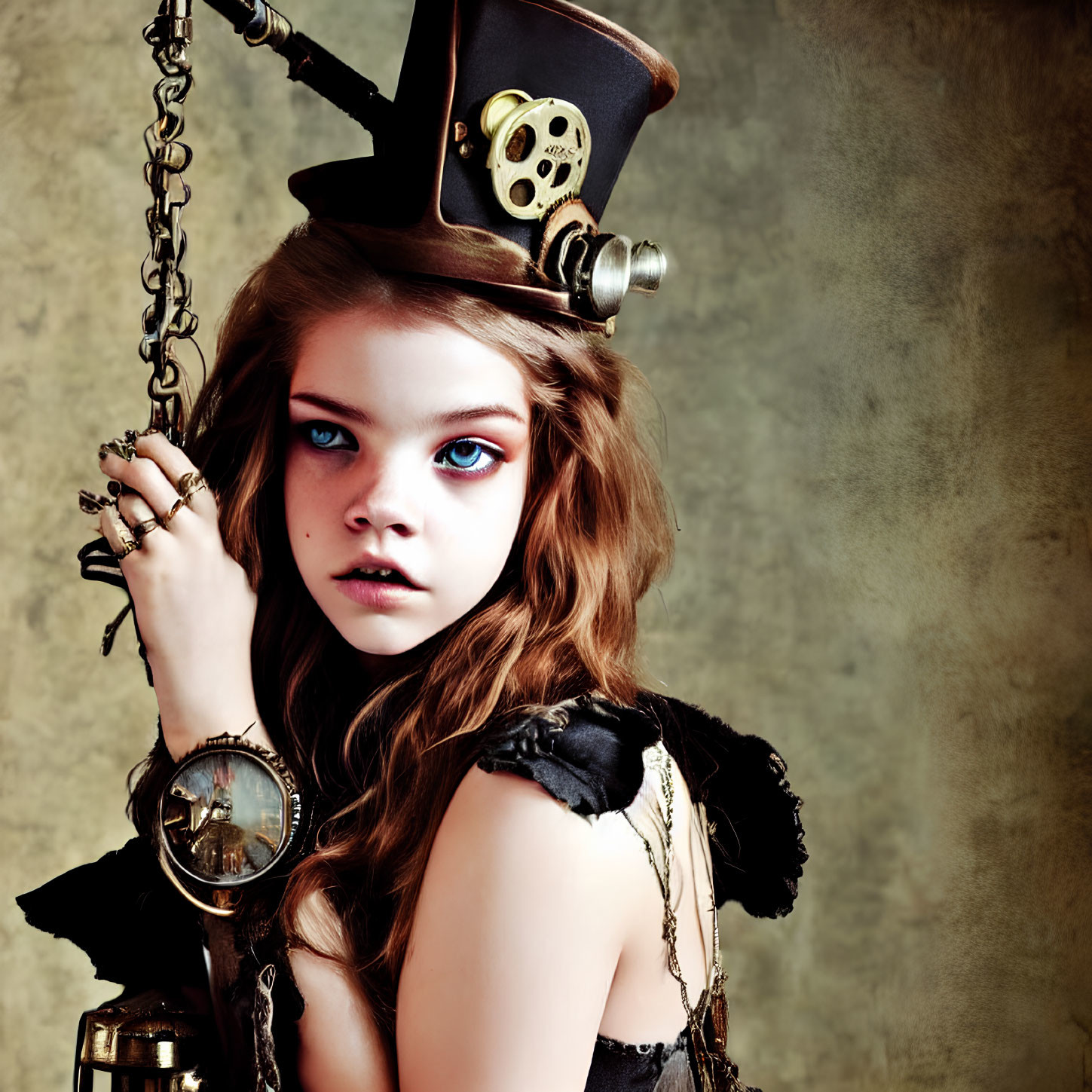 Girl with Striking Blue Eyes in Steampunk Hat with Gears and Goggles