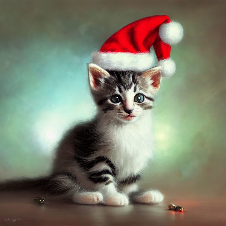 Adorable kitten in Santa hat surrounded by shiny baubles