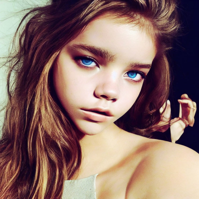 Close-up Portrait of Young Girl with Messy Brown Hair and Blue Eyes