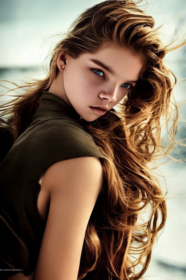 Portrait of person with wavy brown hair and blue eyes in khaki top