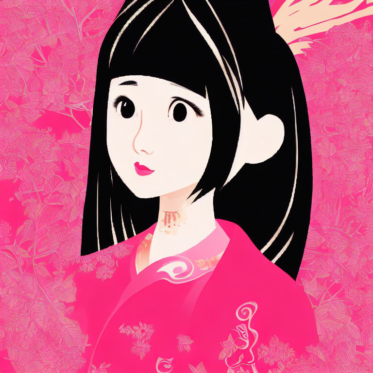 Girl with Black Hair in Pink Kimono on Floral Background