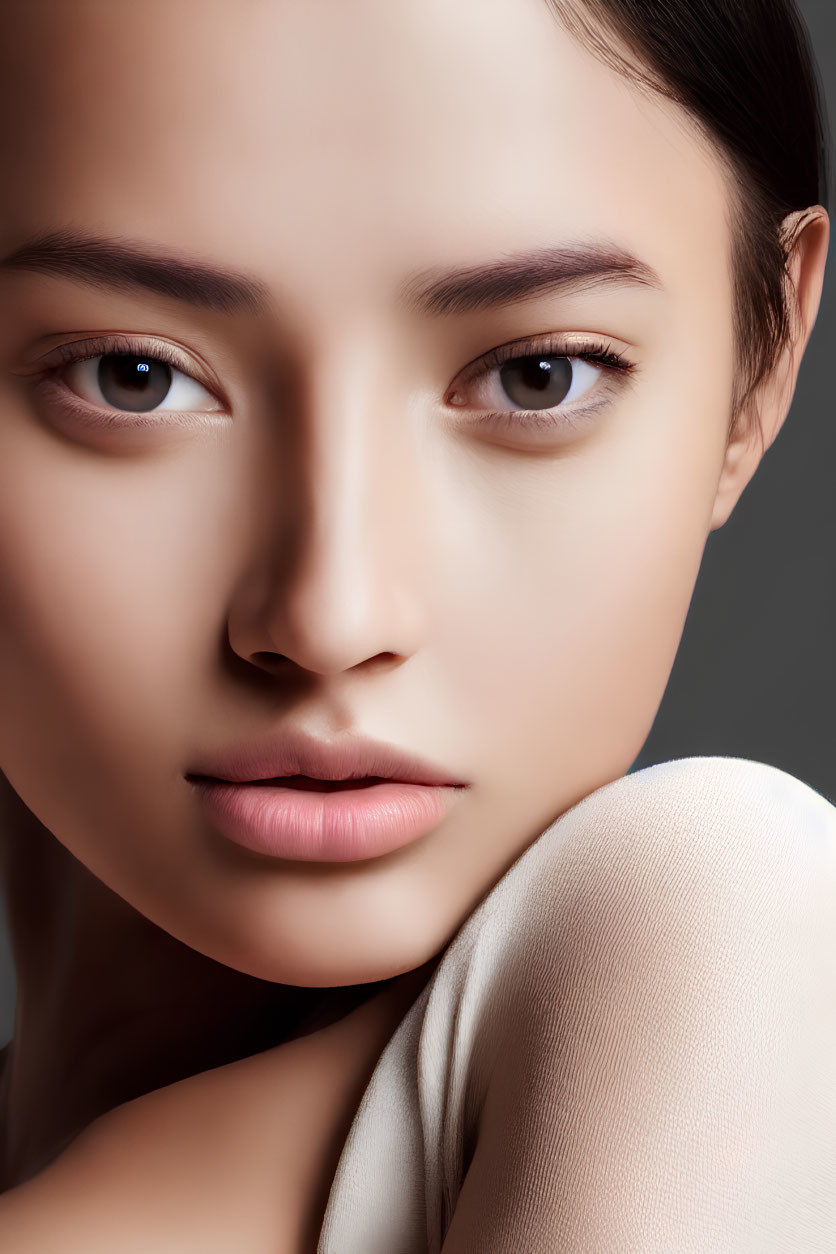 Detailed portrait of woman with clear skin and subtle makeup against grey background