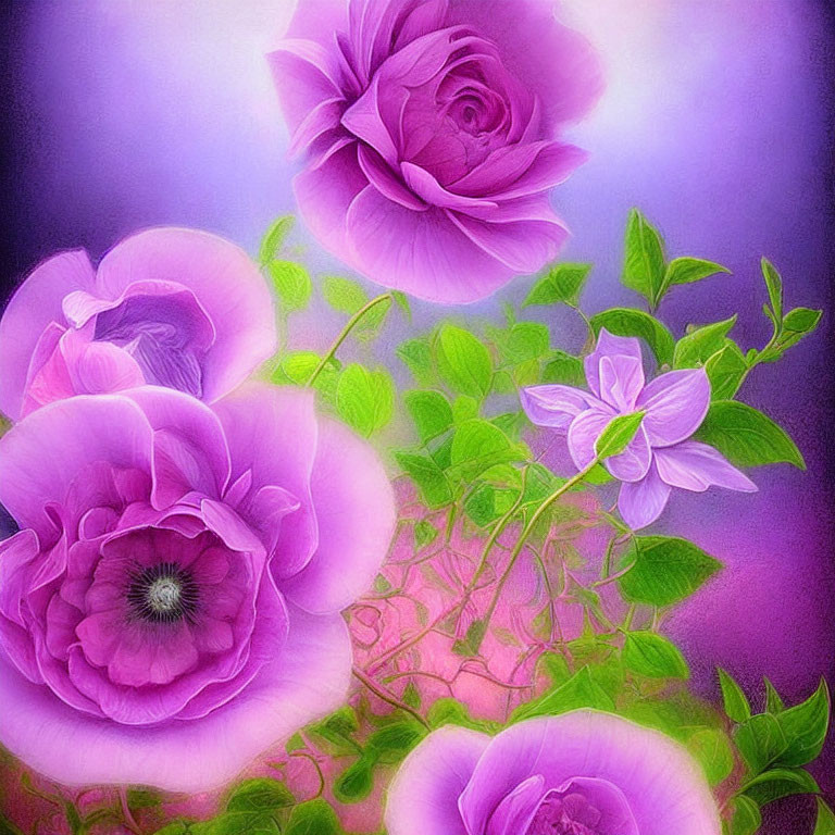 Colorful Cluster of Purple and Pink Roses and Anemones on Violet Background