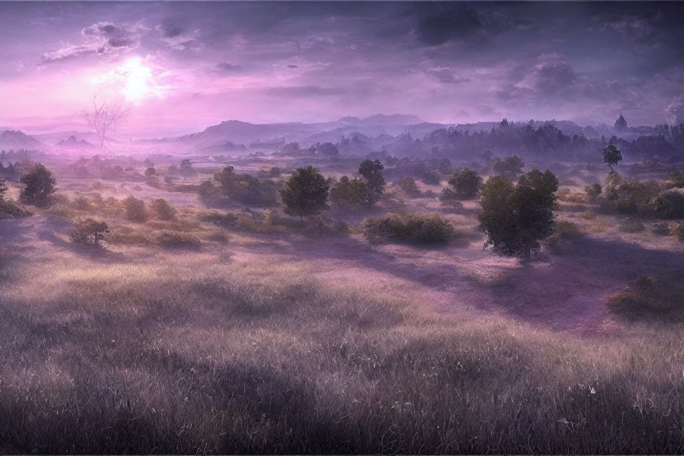 Purple-hued landscape at dawn with sun piercing clouds.