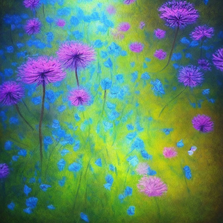 Colorful field painting with blue and purple flowers on green backdrop