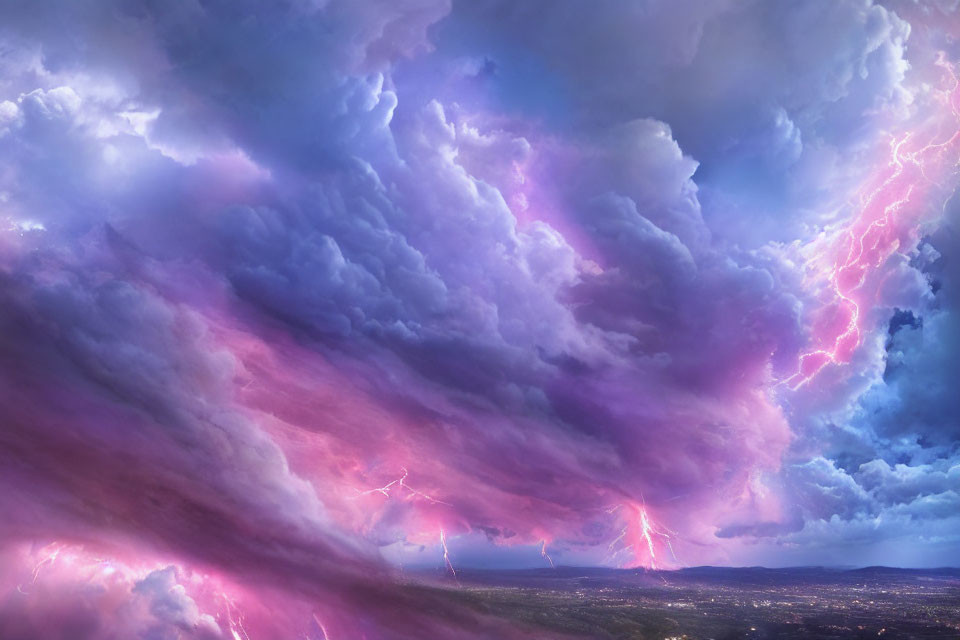 Vivid purple and blue storm clouds with lightning over landscape