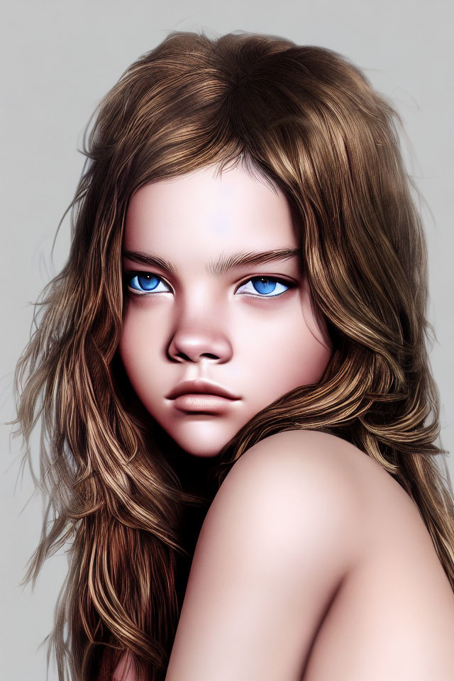 Detailed digital portrait of a girl with blue eyes and brown hair