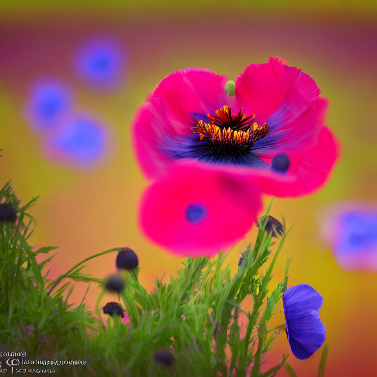 Colorful red poppy flower on blurred multicolored background